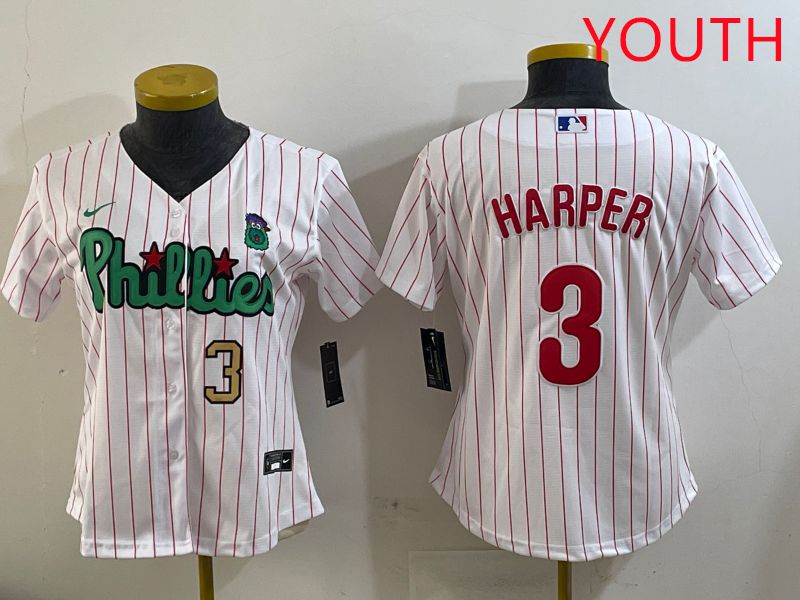 Youth Philadelphia Phillies 3 Harper White Stripe Second generation joint name 2025 Nike MLB Jersey style 4